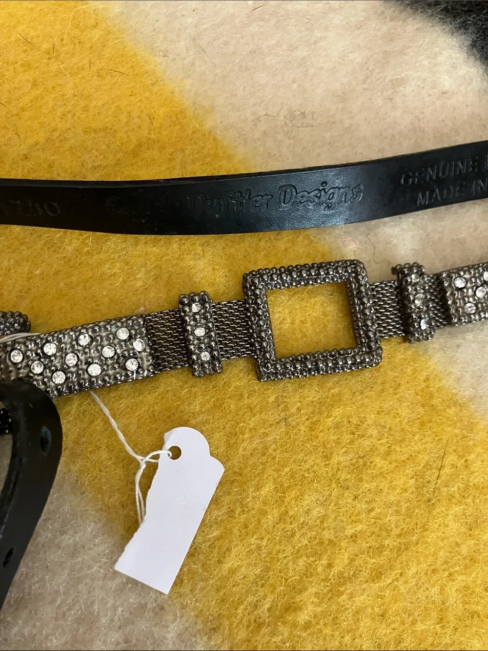 Black Leather Women's Belt with Rhinestone Square Hardware